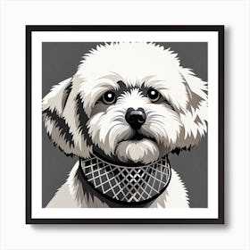 White Dog With A Collar, Shih Tzu, Black and white illustration, Dog drawing, Dog art, Animal illustration, Pet portrait, Realistic dog art Art Print