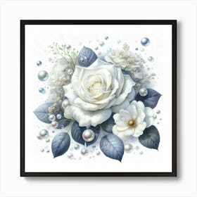 White Roses With Pearls Art Print