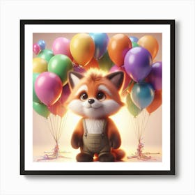 Cute Fox With Colorful Ballloons Art Print