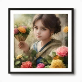 Chinese Girl With Flowers Art Print