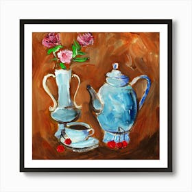 Teatime - square brown orange white teat coffee Anton Maliar kitchen Art Print