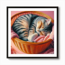 Cat Sleeping In A Basket Art Print