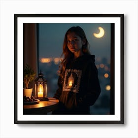 Islamic Girl With Lantern At Night 1 Art Print