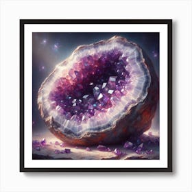 Luminous Oil Painting of Glowing Geode Crystal Cluster Art Print