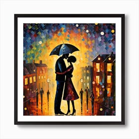 Couple Kissing In The Rain Art Print