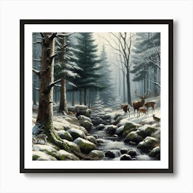 Deer In The Woods With Mossy Stones, Acrylic Painting Style Art Print