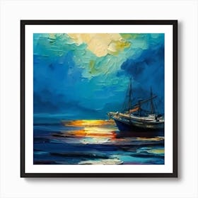 Sunset Boat Painting Art Print
