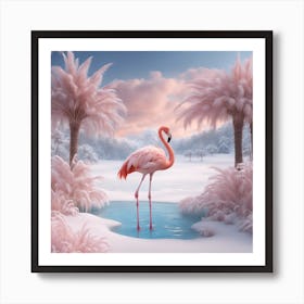 Digital Oil, Flamingo Wearing A Winter Coat, Whimsical And Imaginative, Soft Snowfall, Pastel Pinks, (4) Art Print