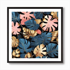 Golden and blue and pink leaves of Monstera 1 Art Print