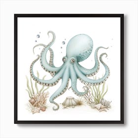Storybook Style Octopus On The Ocean Floor With Aqua Marine Plants 2 Art Print