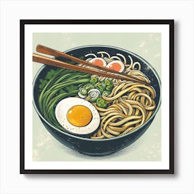 Noodle Bowl With Egg And Chopsticks Art Print