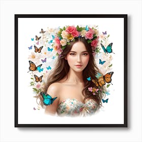 Asian Girl With Butterflies | floral boho girl | Watercolor Floral Boho Girl wall art Art Print