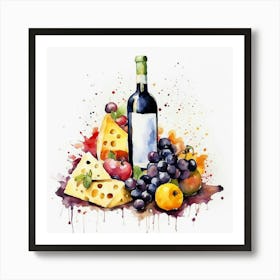 Watercolor Of Wine And Cheese Art Print