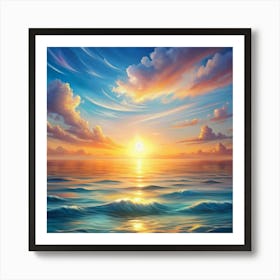 A digital illustration of a serene ocean scene with a bright sunset and clouds. Art Print