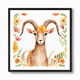 Floral Baby Ibex Nursery Illustration (1) Art Print