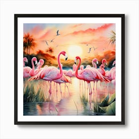 Sunset Tropical Pink Flamingos Art Print