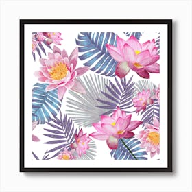 Hand Drawn Pink Lotus Flower And Botanical Leaves Pattern Square Art Print
