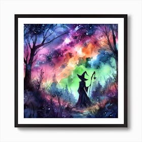 Watercolor Witch In The Forest Art Print