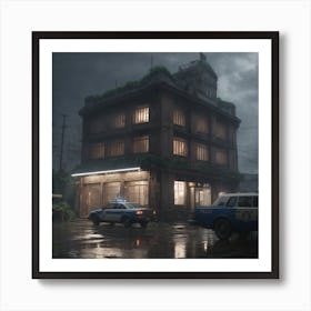 a highly detailed matte painting of a post apocalyptic police station in lightning storm and heavy rain, by studio ghibli, makoto shinkai, by artgerm, by wlop, by greg rutkowski, volumetric lighting, octane render, 4 k resolution, trending on artstation, masterpiece Art Print