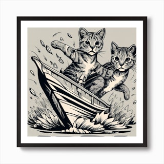 Cat in Boat Fishing Cat Small Original Drawing Black and 