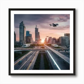 Drone Flying Over A City Art Print