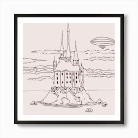 Castle Nature Outlines Ink Clouds Landscape Fantastic Fairy Tale Art Print