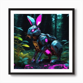 Bunny In Forest Neon Ambiance Abstract Black Oil Gear Mecha Detailed Acrylic Grunge Intricate Art Print