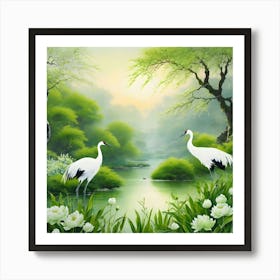 Two Cranes By The River Art Print