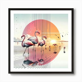 Flamingos in Water at Morning Color Drawing -Wild Bird Artwork 106 Art Print