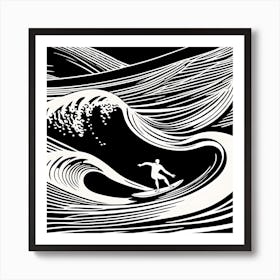 Linocut Black And White Surfer On A Wave art, surfing art, 243 Art Print