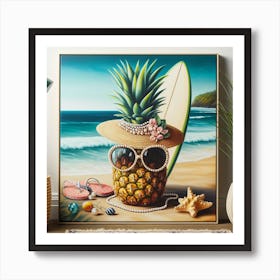 A Colorful and Realistic Painting of a Pineapple with Pearl Earrings and a Straw Hat, Leaning on a Surfboard on a Tropical Beach Art Print