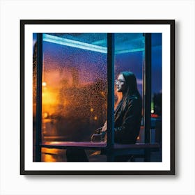 Firefly Street Photography, Beautiful Woman, Bus Shelter, Pensive, Evening, Wet, Rain, Glass, Neon L (9) Art Print