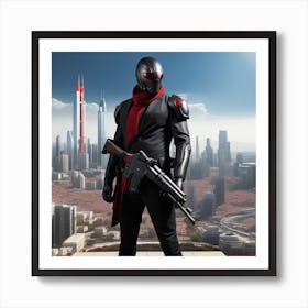 The Image Depicts A Man In A Black Suit And Helmet Standing In Front Of A Large, Modern Cityscape 7 Art Print