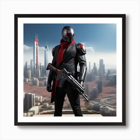 The Image Depicts A Man In A Black Suit And Helmet Standing In Front Of A Large, Modern Cityscape 7 Affiche