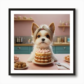 Dog With Cake in Kitchen Art Print