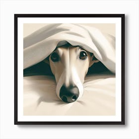 Whippet / Greyhound Snoozing Under Blanket / Peaking Sighthound in Neutral Tones Art Print