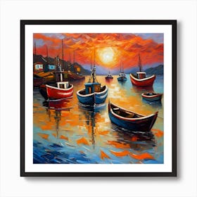 Boats In The Harbor At Sunset Art Print