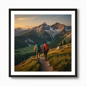 Two Hikers Hiking In The Mountains Art Print