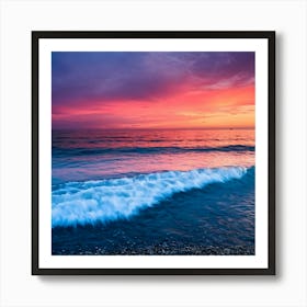 A fiery pink sky bleeds color into a calm, azure sea Art Print