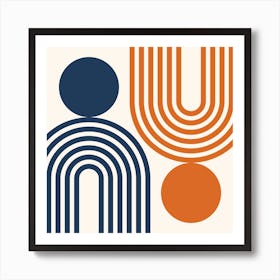 Mid Century Modern Geometric in classy navy blue burnt orange (Rainbow and Sun Abstract Design) 4 Art Print