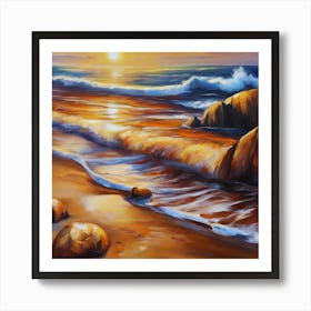 The sea. Beach waves. Beach sand and rocks. Sunset over the sea. Oil on canvas artwork.7 Art Print