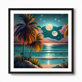 Bright Full Moon With The Sea In The Middle Of T Art Print