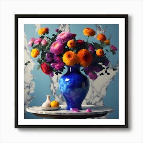 A Modern Still Life with Chrysanthemums and Roses in Pink & Orange Art Print