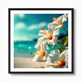 Blue Sea on the Beach with White Hibiscus Flowers 1 Art Print