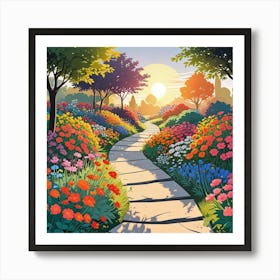 Colorful Landscape Painting With Flowering Daisies In Naive Art Style (4) Art Print