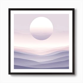 Title: "Lavender Dusk: The Serenity of the Waning Day"  Description: "Lavender Dusk" is a minimalist depiction of a tranquil landscape bathed in the soft glow of the setting sun. The piece is composed of layered hills that create a rhythmic pattern, leading the eye to the luminous full moon or sun that dominates the canvas with its peaceful presence. The pastel color palette, featuring shades of lavender, pink, and subtle blues, exudes calm and reflects the quiet beauty of twilight. This artwork's simplicity and the harmony of its colors convey a sense of stillness and contemplation, making it a soothing addition to any space that seeks to capture the reflective mood of dusk's gentle descent. Art Print