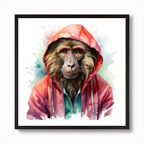 Watercolour Cartoon Baboon In A Hoodie Art Print