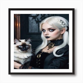 Gothic Girl With Cat Art Print