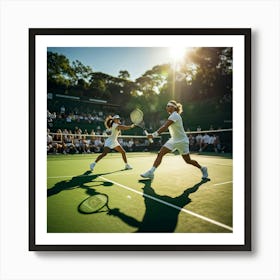 Tennis Match Underway Sunlight Casting Dynamic Shadows On The Green Court Players Poised Mid Swing (4) Art Print