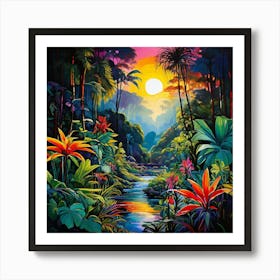 Tropical Jungle, A Tropical Rainforest With Exotic Plants art print 4 Art Print